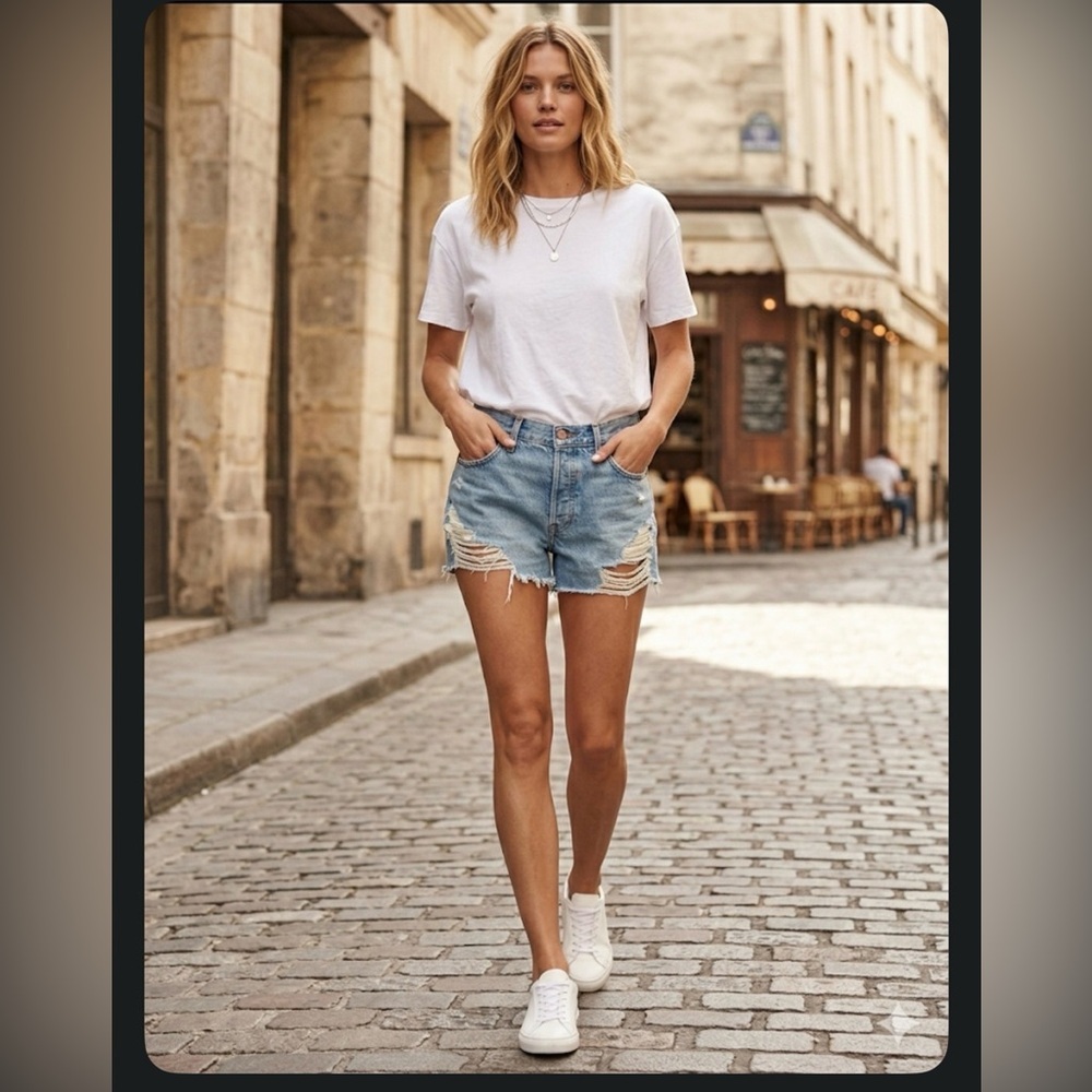 Topshop Light Blue Ripped High-Waist Denim Shorts